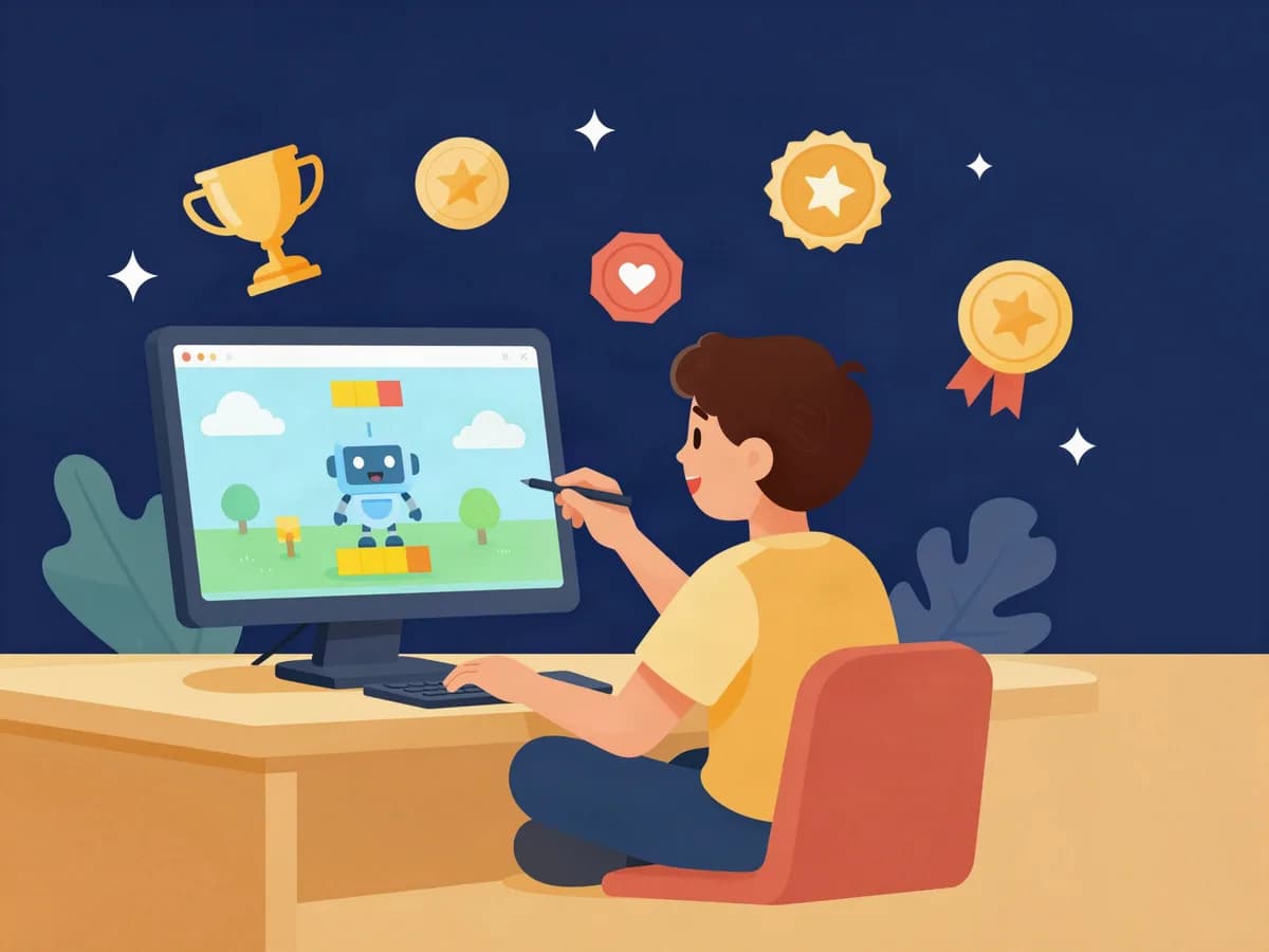 A student coding at a computer, with trophy and badge icons representing XP and achievements