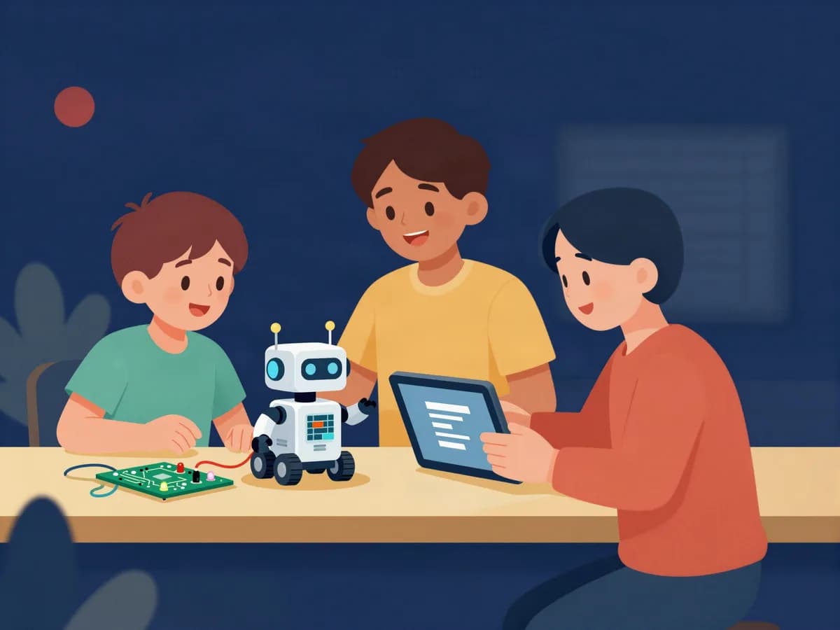 Students building a small robot together, with a circuit board and tablet on the table